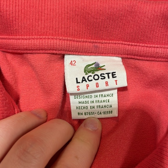 Lacoste cotton velvet zip polo. Saturated coral pink color. - Picture 2 of 3